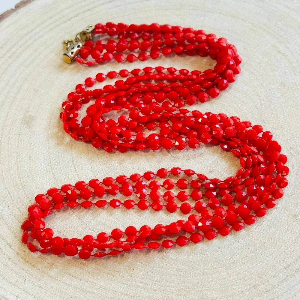 VTG Retro 60s Lucite multi beaded necklace bright red beads‎ Long Statement 36